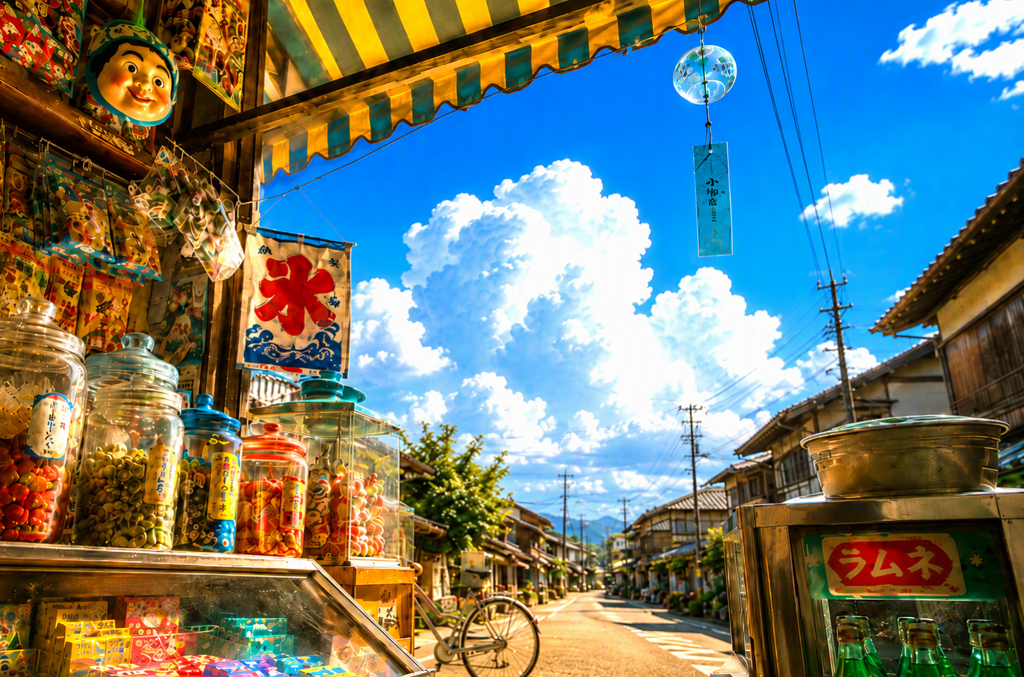 昭和の駄菓子屋と風鈴、入道雲の夏景色
