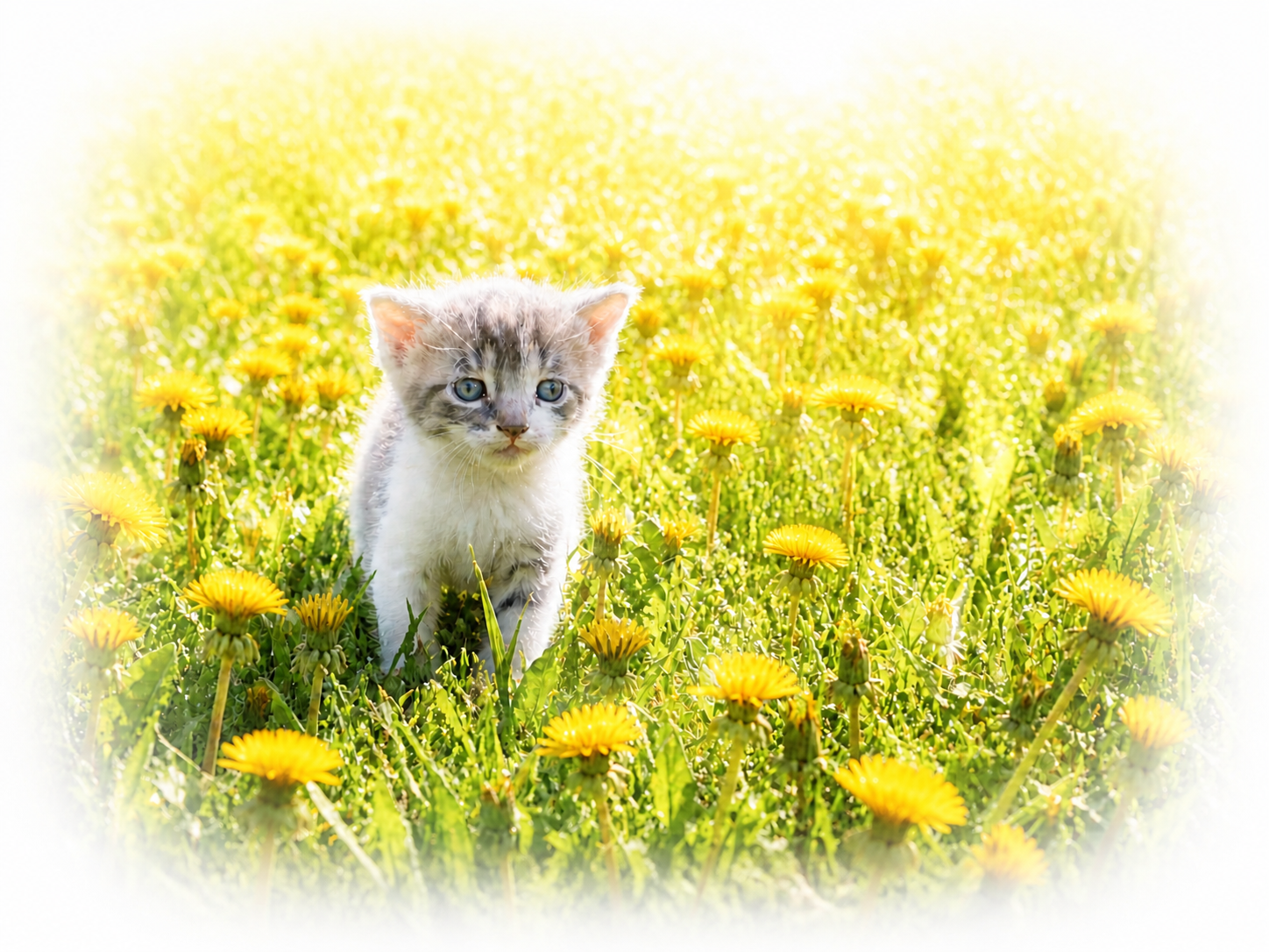 黄色い花が咲く草原を歩く子猫
