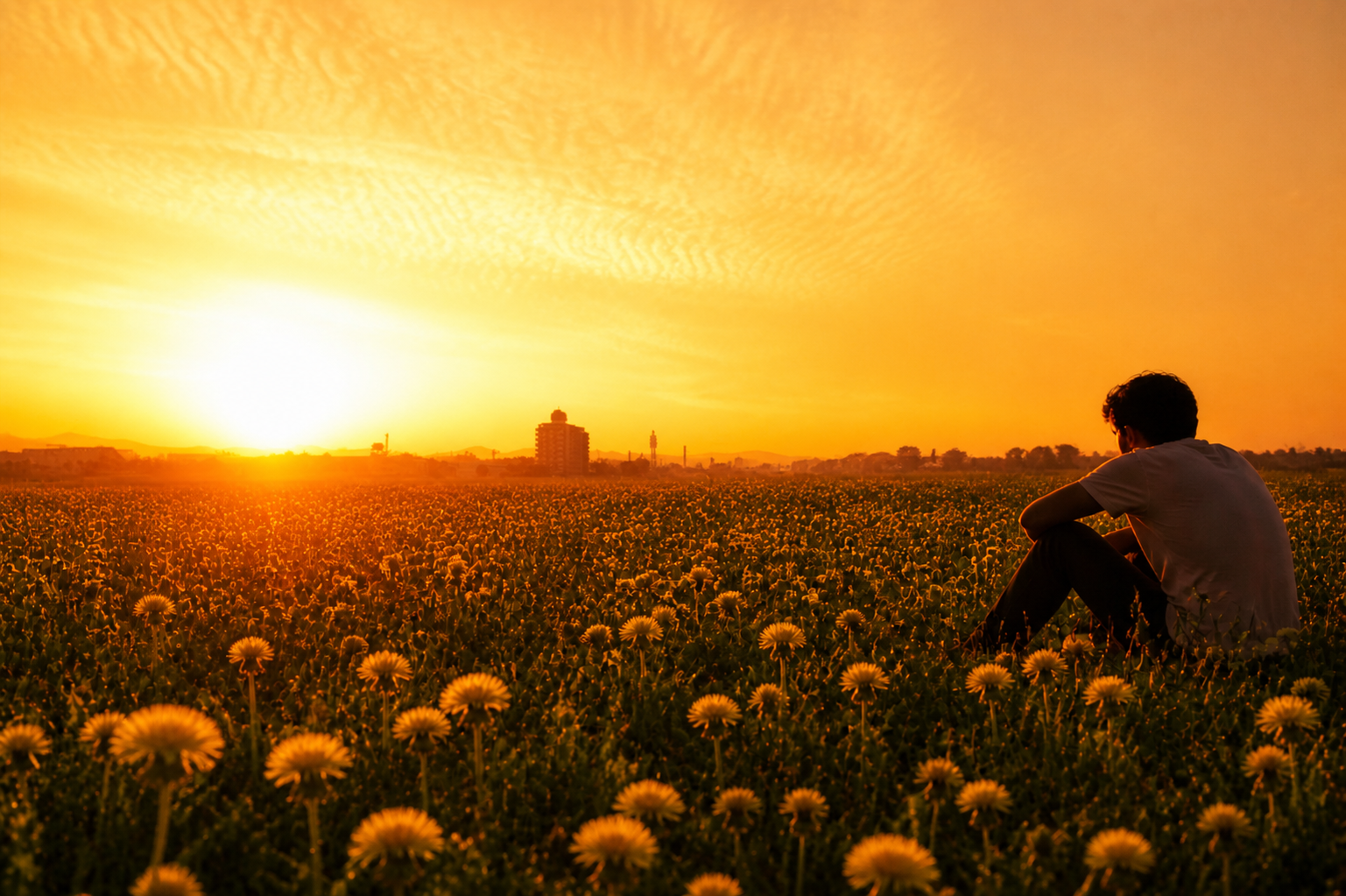 夕暮れの花畑で座る少年の後ろ姿