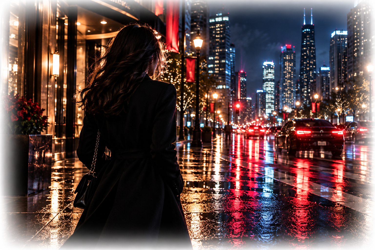 雨上がりの都会の夜を歩く女性|レイヴィング ローズ