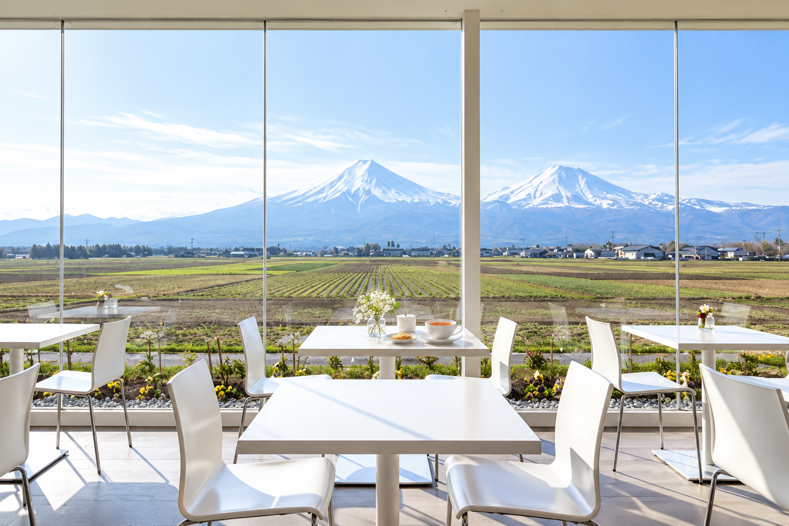 大きな窓から北海道の農地と山並みを望む白いカフェ｜SHIRO アールグレイ