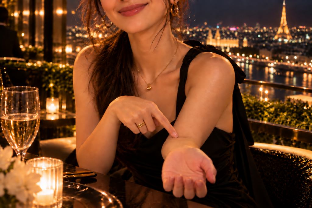 黒い服の女性が白い手首を差し出す YSL GOLD 香水ドラマのラストシーン