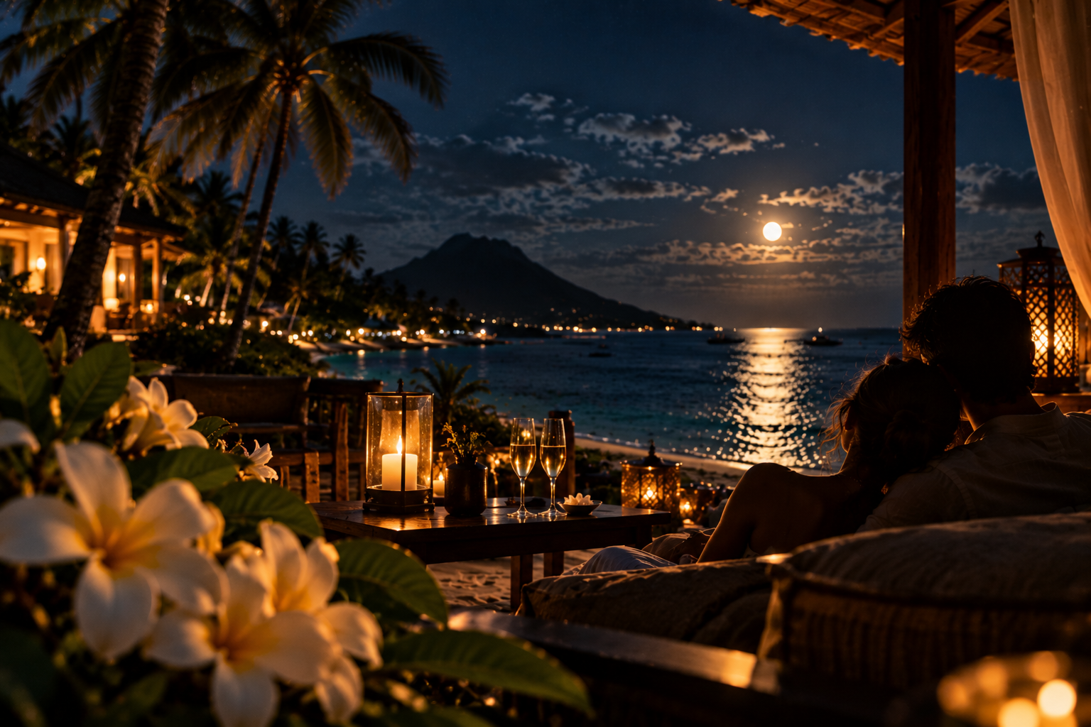 月夜のモーリシャスで海を眺め寄り添う恋人たちとフランジパニ