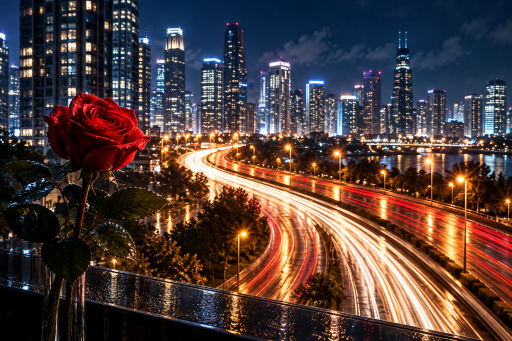 夜の都会と高速道路を見下ろす赤い薔薇|レイヴィング ローズ