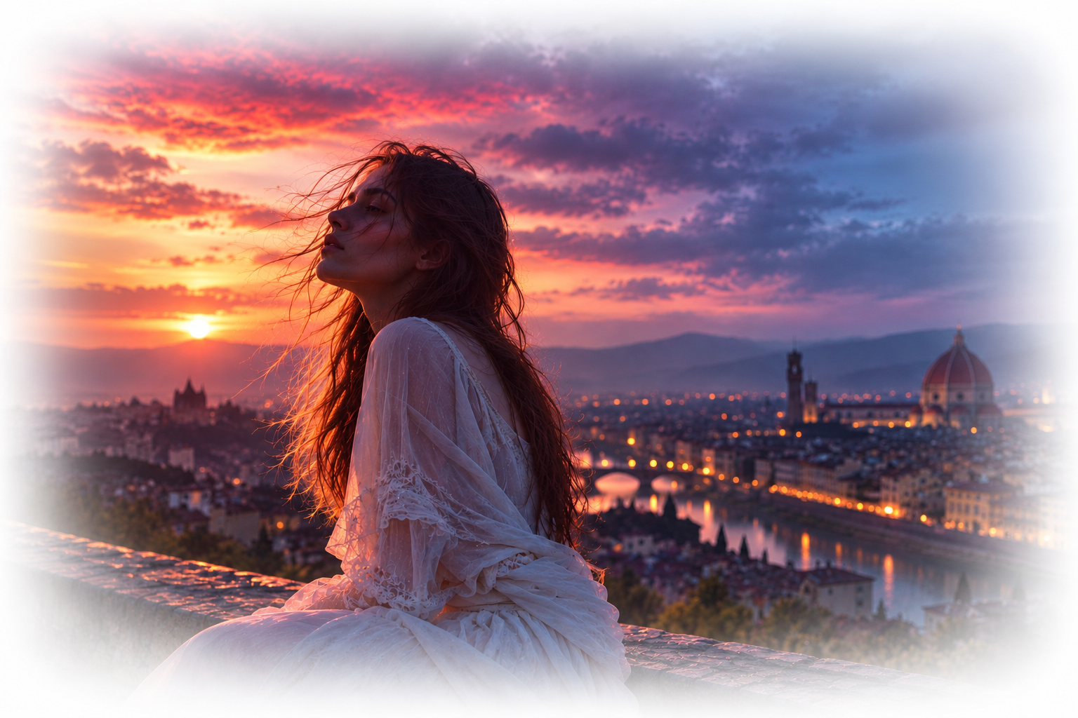 赤い夕焼けと青い空の境界で風を受ける白いドレスの女性