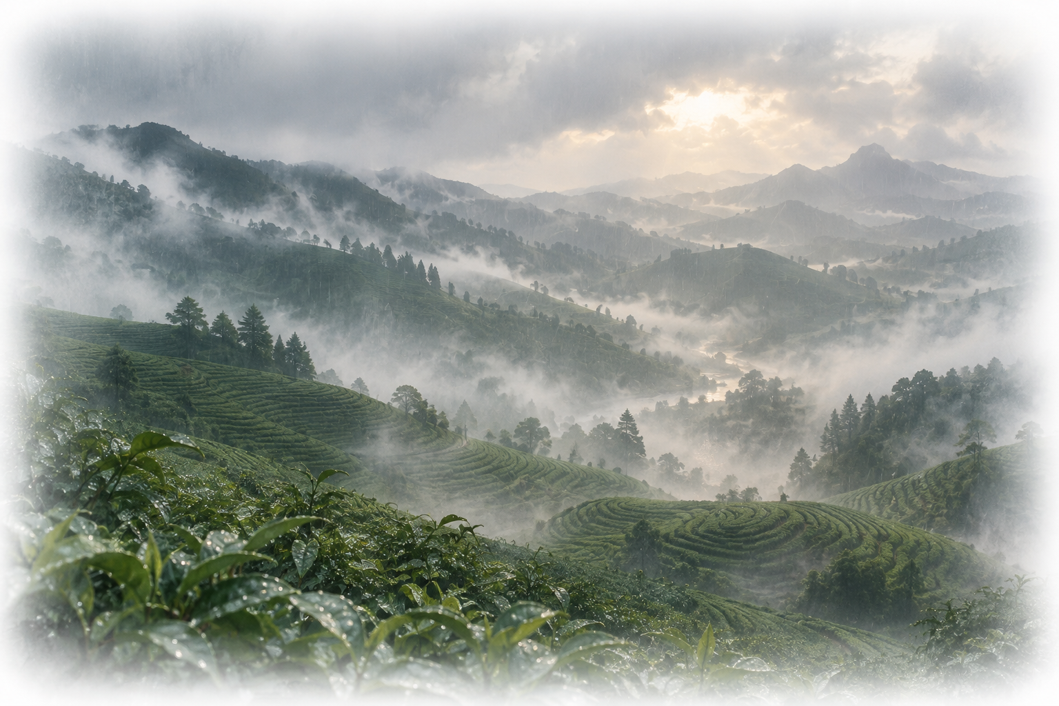 雨と霧に包まれた中国の茶畑｜ティー ストームの香りの情景
