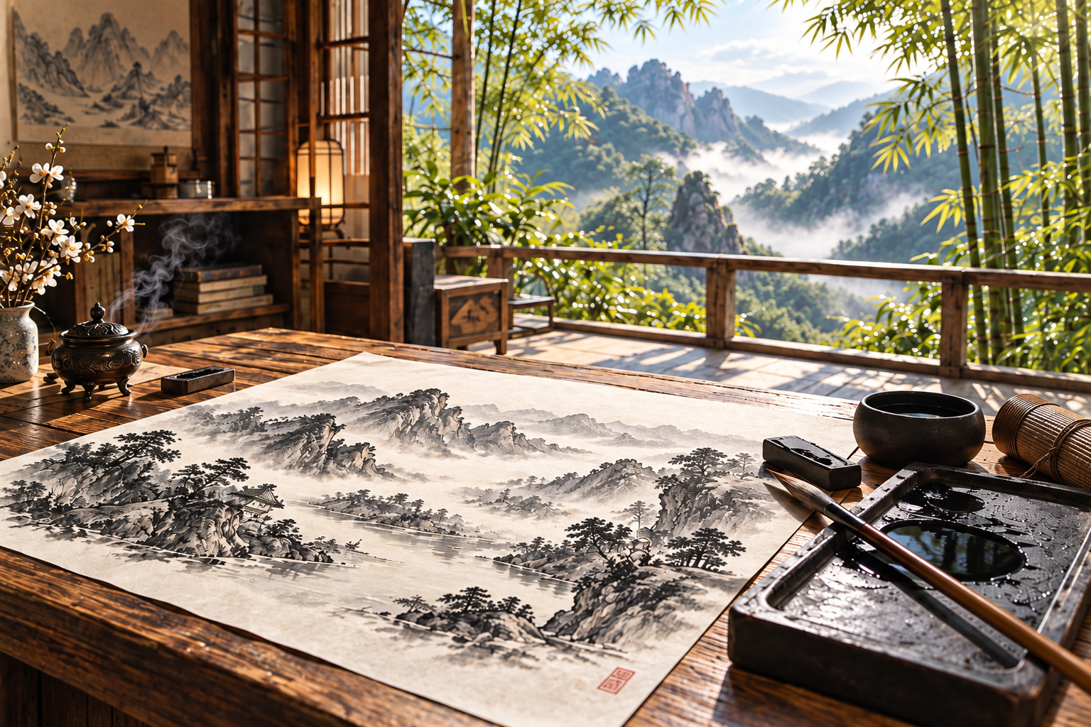墨の濃淡で描かれた山水画 ルイ・ヴィトン インク マーク