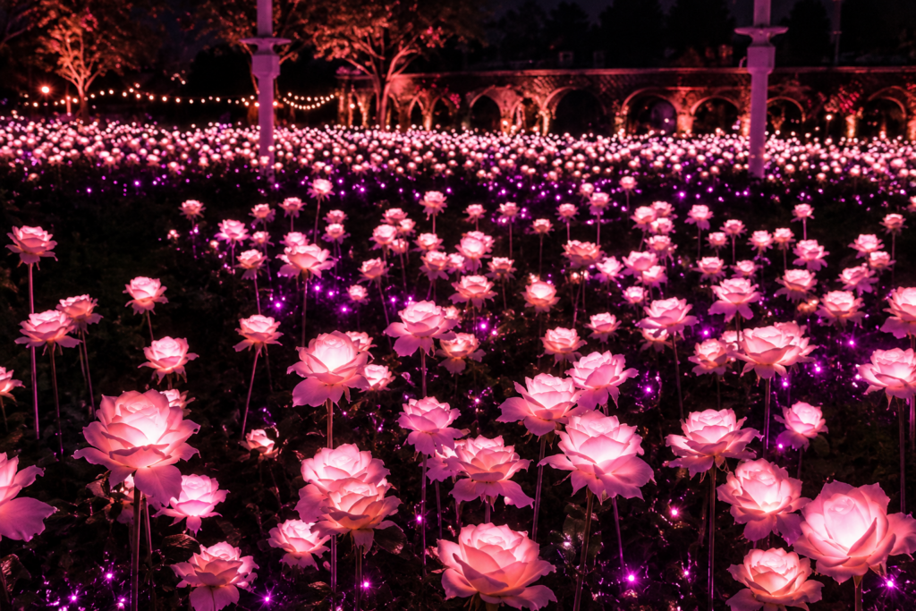 真夜中の庭園に光る無数のピンクの薔薇 ローズプリック